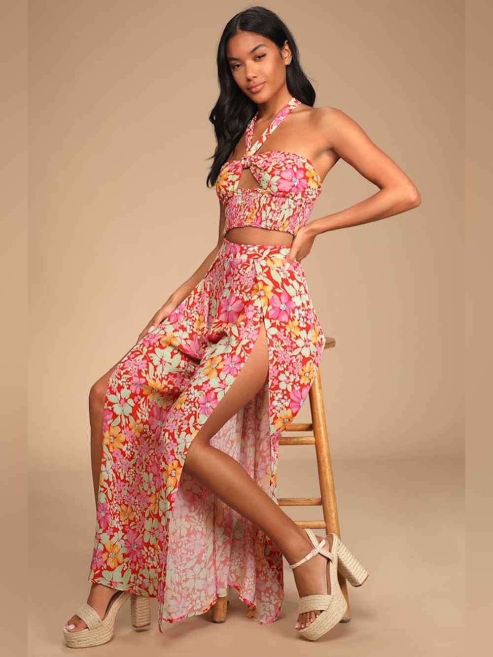 Lulus Living Breezy Red Multi Floral Print Wide-Leg Pants